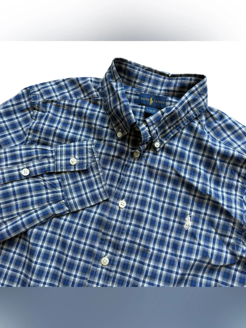 Ralph Lauren Blue Plaid Button Down Shirt Cotton Pony Logo Preppy Youth Large